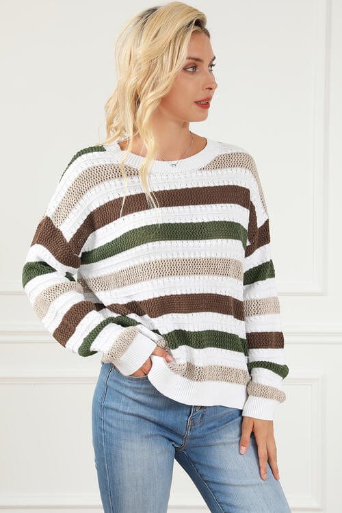 Antique White Striped Openwork Dropped Shoulder Sweater