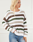 Antique White Striped Openwork Dropped Shoulder Sweater