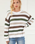 Antique White Striped Openwork Dropped Shoulder Sweater