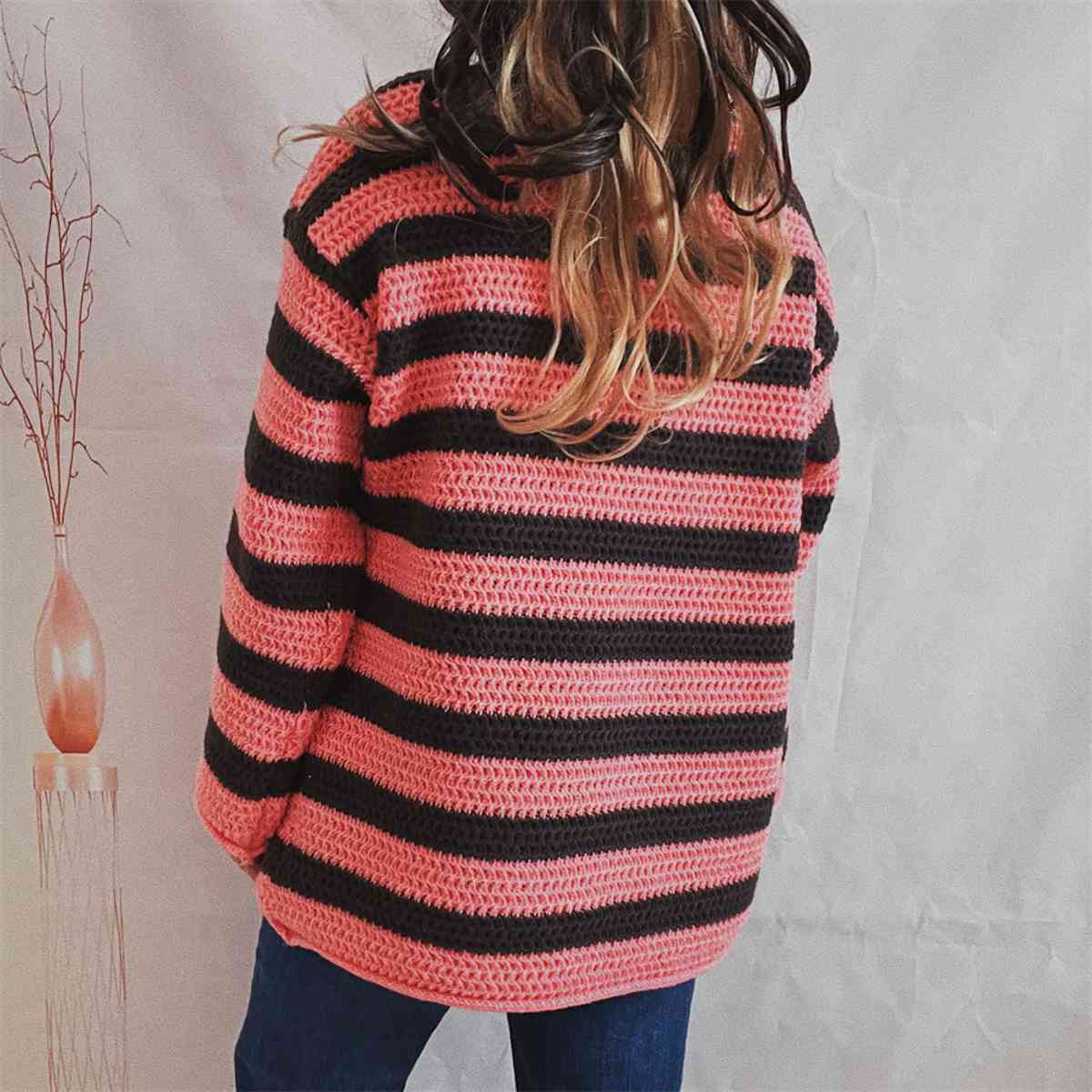 Dark Gray Striped Round Neck Long Sleeve Sweater