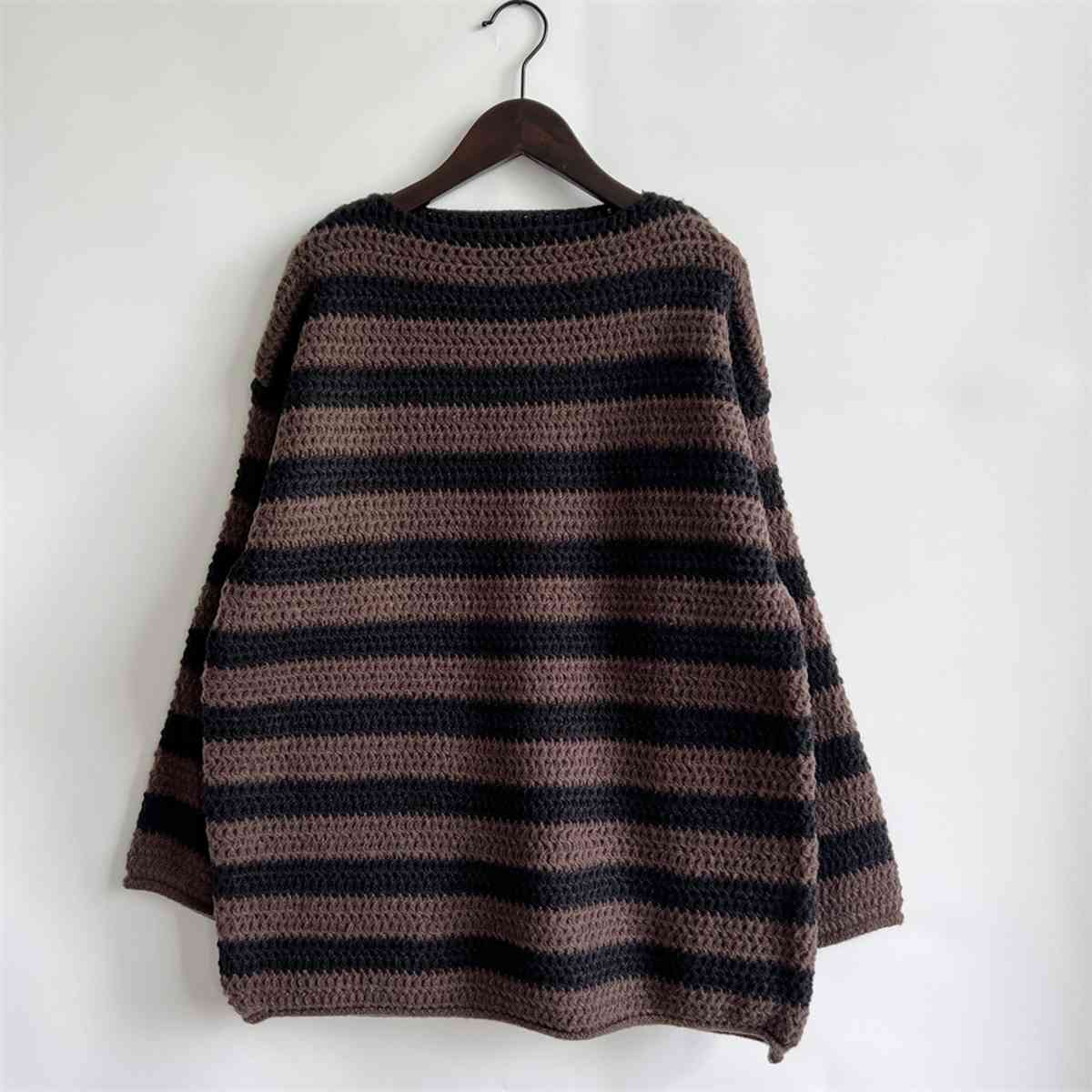 Light Gray Striped Round Neck Long Sleeve Sweater