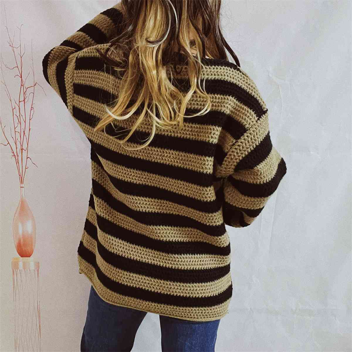 Gray Striped Round Neck Long Sleeve Sweater