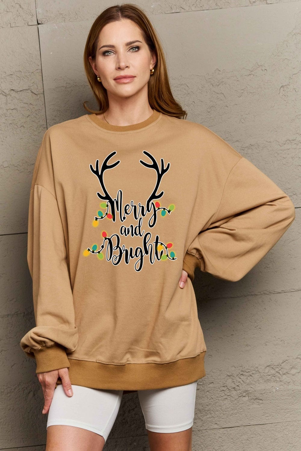 Rosy Brown Simply Love Full Size MERRY AND BRIGHT Graphic Sweatshirt