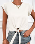 Beige Tied Round Neck Crop Tee