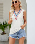 Gray Contrast V-Neck Eyelet Tank