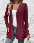 Light Gray Ribbed Open Front Cardigan with Pockets